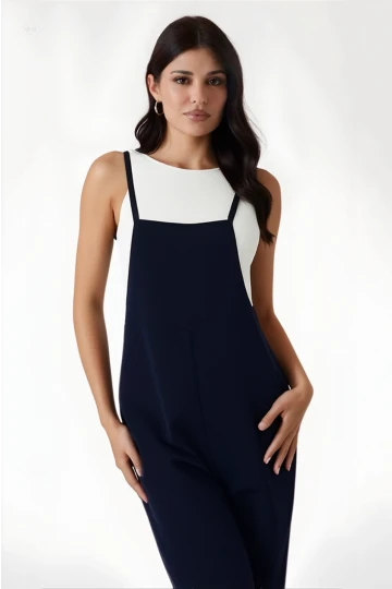 Kadın Lacivert Ayarlanabilir Askılı Cepli Bol Paça Bahçıvan Tulum HZL22S-BD170191