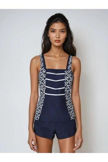 Kadın Lacivert Beyaz Desenli Şortlu Tankini HZL25S-AR1801
