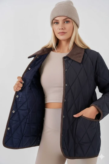 Kadın Lacivert Çıt Çıt Kapamalı Kadife Detaylı Kapitone Mont HZL25W-BD152261