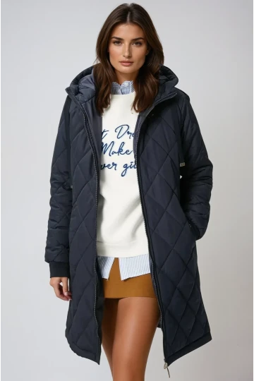 Kadın Lacivert Kapitone Uzun Şişme Mont HZL22W-BD151381