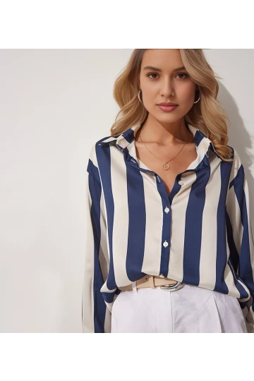 Kadın Lacivert Krem Çizgili Saten Gömlek HZL23S-BD1201731