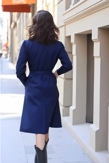 Kadın Lacivert Kruvaze Yaka Kemerli Astarsız Mevsimlik Rahat Trençkot Hzl22s-bd158531