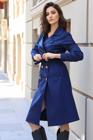 Kadın Lacivert Kruvaze Yaka Kemerli Astarsız Mevsimlik Rahat Trençkot Hzl22s-bd158531