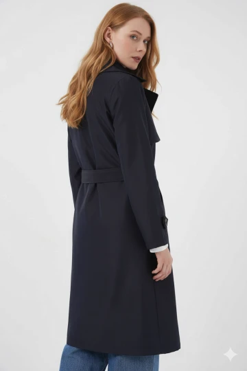 Kadın Lacivert Kruvaze Yaka Kuşaklı Astarlı Trençkot HZL25W-BD159181