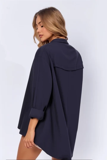 Kadın Lacivert Oversize Uzun Basic Gömlek HZL22W-BD139001