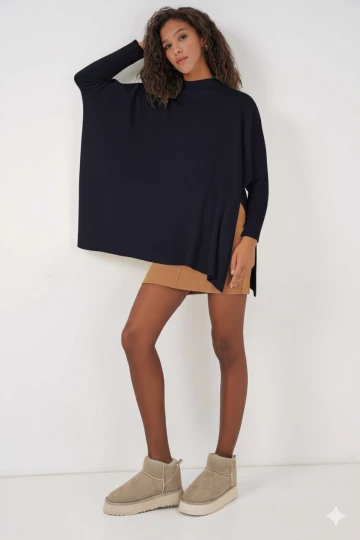 Kadın Lacivert Oversize Yırtmaçlı Panço Triko Kazak Hzl23w-bd1100761