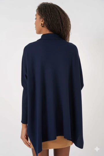 Kadın Lacivert Oversize Yırtmaçlı Panço Triko Kazak Hzl23w-bd1100761