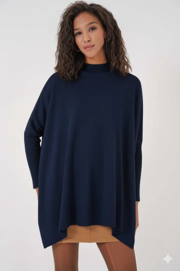 Kadın Lacivert Oversize Yırtmaçlı Panço Triko Kazak Hzl23w-bd1100761