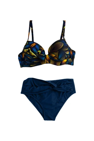 Kadın Lacivert Sarı Çiçek Desenli Astarlı Büyük Beden Bikini Takımı HZL25S-LC24108
