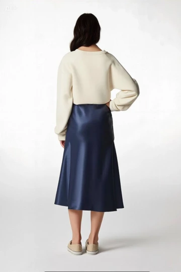 Kadın Lacivert Saten Yüzeyli Beli Lastikli Midi Boy Etek Hzl23s-bd1101471