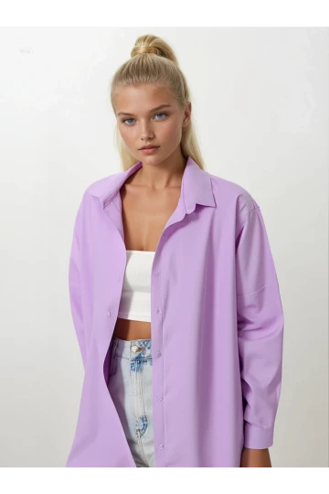 Kadın Lila Oversize Uzun Basic Gömlek Hzl22w-bd139001