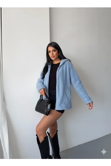 Kadın Mavi Welsoft esnek kumaş Peluş Yumoş Önü Fermuarlı Kapüşonlu Ceket HZL23W-DSB110081
