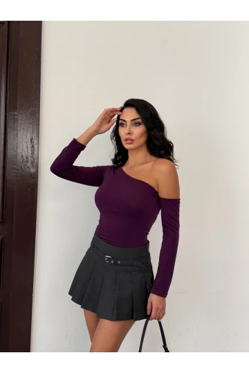 Kadın Mor Asimetrik Yaka Drapeli Sandy Bluz HZL25S-FRY123361