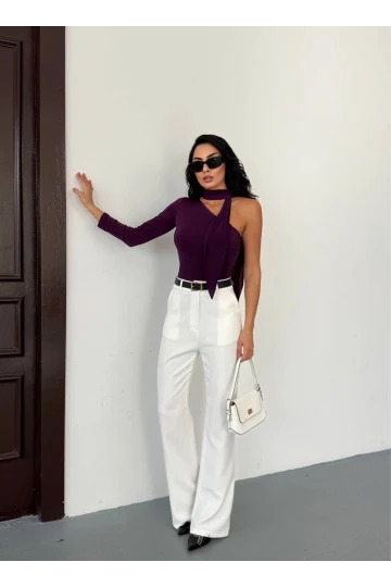 Kadın Mor Fularlı Sandy Kumaş Asimetrik Kesim Bluz HZL25S-FRY123371