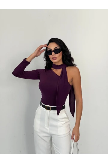 Kadın Mor Fularlı Sandy Kumaş Asimetrik Kesim Bluz HZL25S-FRY123371