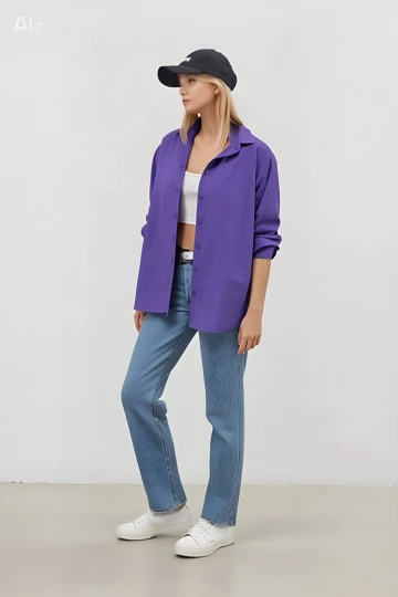 Kadın Mor Oversize Uzun Basic Gömlek Hzl22w-bd139001