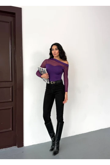 Kadın Mor Tül Garnili Uzun Kol Şık Rahat Bluz HZL25W-FRY123541