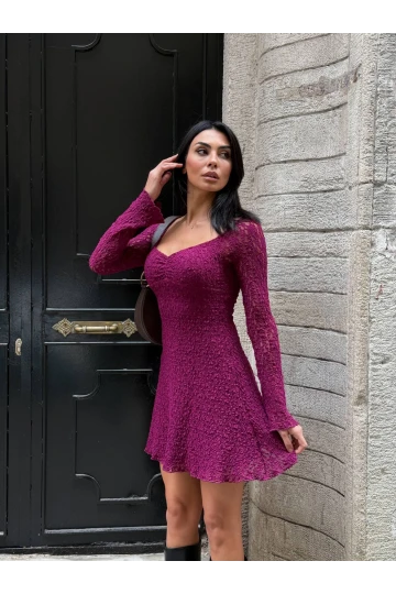 Kadın Mor Uzun Kollu Dantel Detay Astarlı Kloş Elbise HZL25W-FRY123531