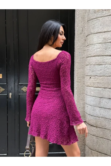 Kadın Mor Uzun Kollu Dantel Detay Astarlı Kloş Elbise HZL25W-FRY123531