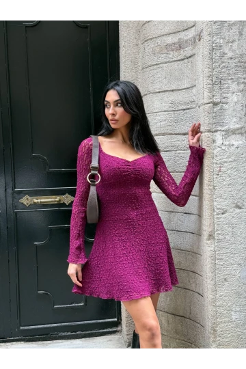 Kadın Mor Uzun Kollu Dantel Detay Astarlı Kloş Elbise HZL25W-FRY123531
