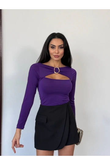 Kadın Mor Uzun Kollu Göğüs Dekolteli Tokalı Bluz HZL25W-FRY123501