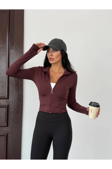 Kadın Mürdüm Dalgıç Kumaş Fermuar Kapamalı Parmak Geçirmeli Sweatshirt HZL25W-FRY123441