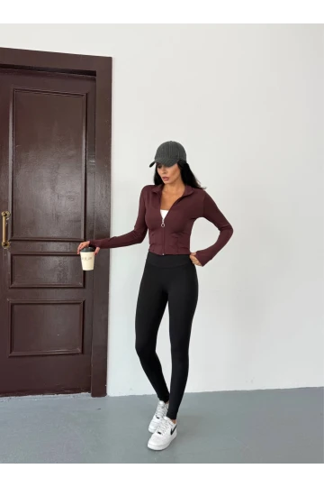 Kadın Mürdüm Dalgıç Kumaş Fermuar Kapamalı Parmak Geçirmeli Sweatshirt HZL25W-FRY123441