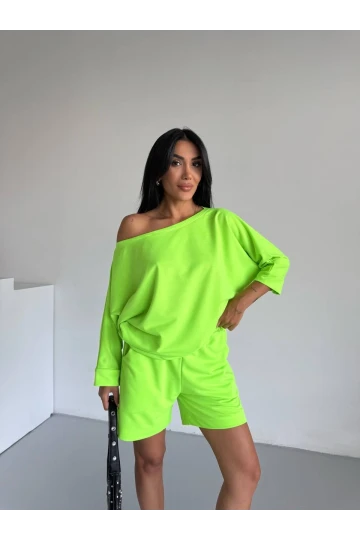 Kadın Neon Yeşil 2 İplik Kayık Yaka Bluz Şort Alt Üst Takım HZL25S-FRY120511