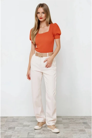 Kadın Oranj Kare Yaka Örme Bluz Hzl22w-bd104091