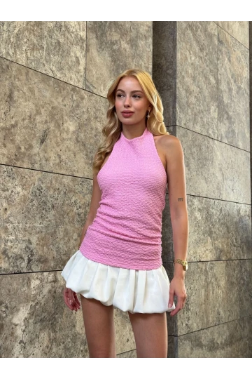 Kadın Pembe Boyundan Bağlamalı Gofre Kumaş Bluz HZL25S-ZK13631