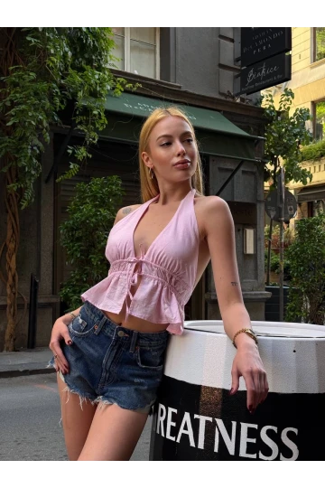 Kadın Pembe Boyundan Bağlamalı Sırtı Açık Keten Bluz HZL24S-ZK11081