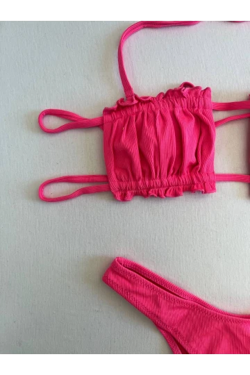 Kadın Pembe İp Bağlamalı Büzgülü Straplez Bikini Takım HZL25S-LC2226
