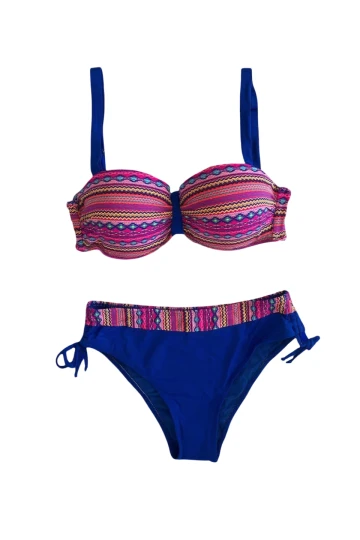 Kadın Pembe Saks Mavi Etnik Desenli Astarlı Bikini Takımı HZL25S-LC22626