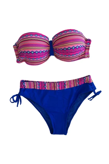 Kadın Pembe Saks Mavi Etnik Desenli Astarlı Bikini Takımı HZL25S-LC22626