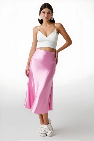 Kadın Pembe Saten Yüzeyli Beli Lastikli Midi Boy Etek Hzl23S-BD1101471