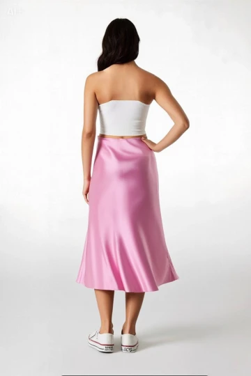 Kadın Pembe Saten Yüzeyli Beli Lastikli Midi Boy Etek Hzl23S-BD1101471