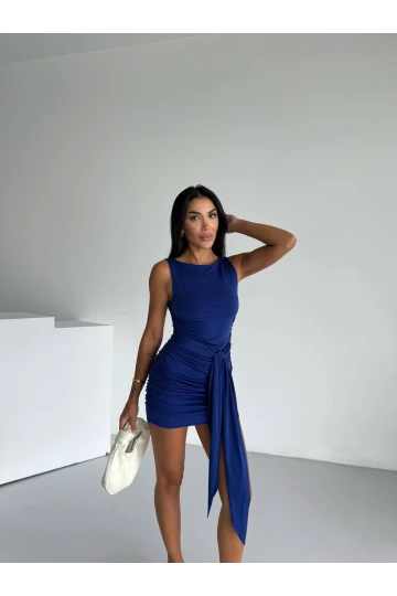 Kadın Saks Mavi Bisiklet Yaka Sıfır Kol Kuşaklı Elbise HZL25S-FRY123221
