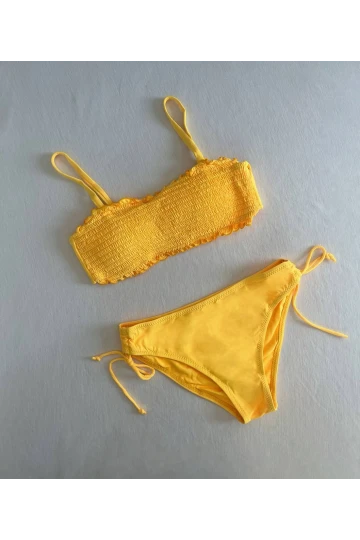 Kadın Sarı Büzgülü Astarlı Bikini Takım HZL25S-LC3349