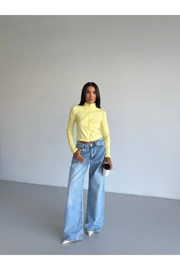 Kadın Sarı Dalgıç Kumaş Fermuar Kapamalı Parmak Geçirmeli Sweatshirt HZL25W-FRY123441