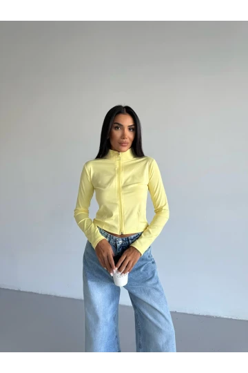 Kadın Sarı Dalgıç Kumaş Fermuar Kapamalı Parmak Geçirmeli Sweatshirt HZL25W-FRY123441