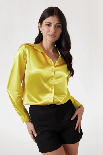 Kadın Sarı Hafif Dökümlü Saten Yüzeyli Gömlek Hzl22w-bd139641