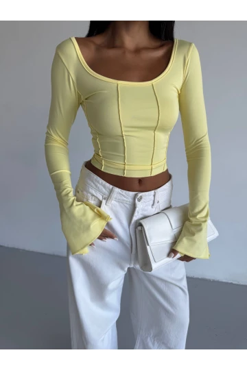 Kadın Sarı Uzun Kollu Arkası Bağlamalı Fit Kesim Crop Bluz HZL25W-FRY122771