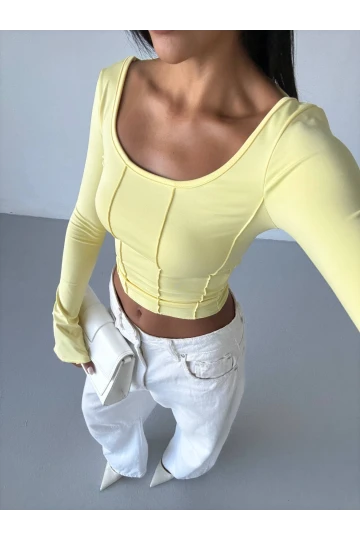 Kadın Sarı Uzun Kollu Arkası Bağlamalı Fit Kesim Crop Bluz HZL25W-FRY122771