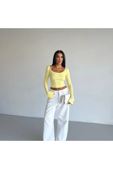 Kadın Sarı Uzun Kollu Arkası Bağlamalı Fit Kesim Crop Bluz HZL25W-FRY122771