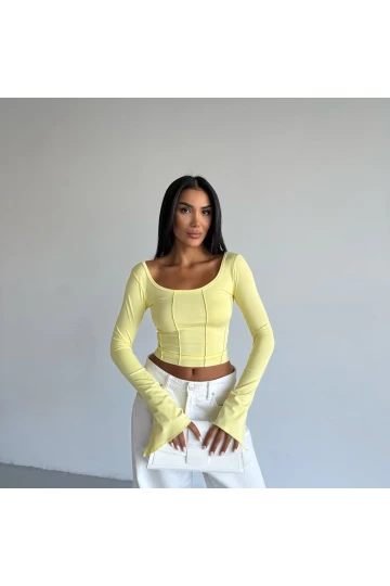 Kadın Sarı Uzun Kollu Arkası Bağlamalı Fit Kesim Crop Bluz HZL25W-FRY122771