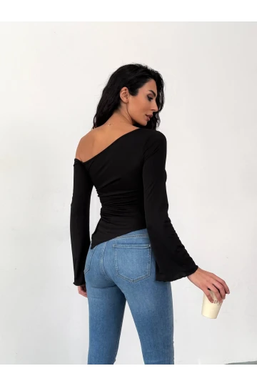 Kadın Siyah Asimetrik Kesim İspanyol Kol Beli Büzgülü Sandy Bluz HZL25W-FRY123591