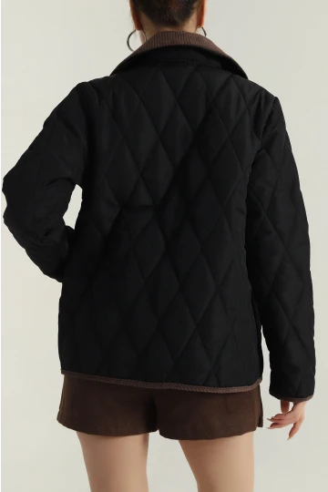 Kadın Siyah Çıt Çıt Kapamalı Kadife Detaylı Kapitone Mont HZL25W-BD152261