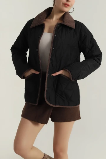 Kadın Siyah Çıt Çıt Kapamalı Kadife Detaylı Kapitone Mont HZL25W-BD152261