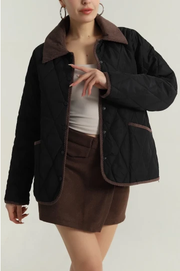 Kadın Siyah Çıt Çıt Kapamalı Kadife Detaylı Kapitone Mont HZL25W-BD152261