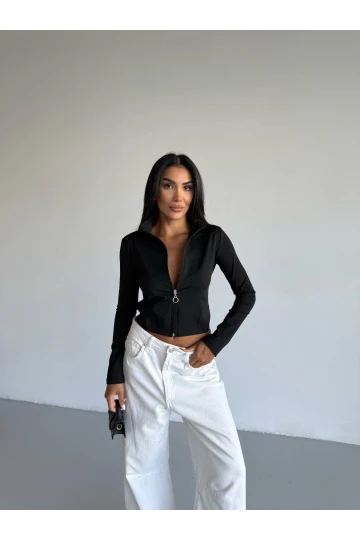 Kadın Siyah Dalgıç Kumaş Fermuar Kapamalı Parmak Geçirmeli Sweatshirt HZL25W-FRY123441